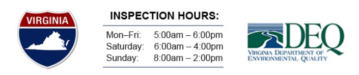 Virginia State Inspection Hours Mon-Fri: 6am-8pm, Sat 6am-4pm, Sun 8am-2pm. Virginia DEQ Logo 